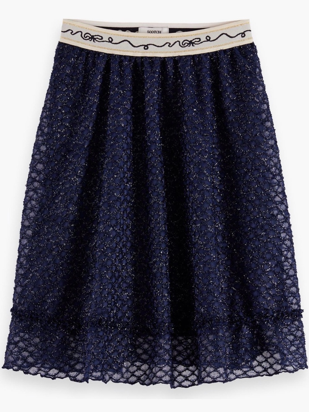 Scotch & Soda Navy Lace Sparkly Midi Skirt with Cream Waistband Size 10